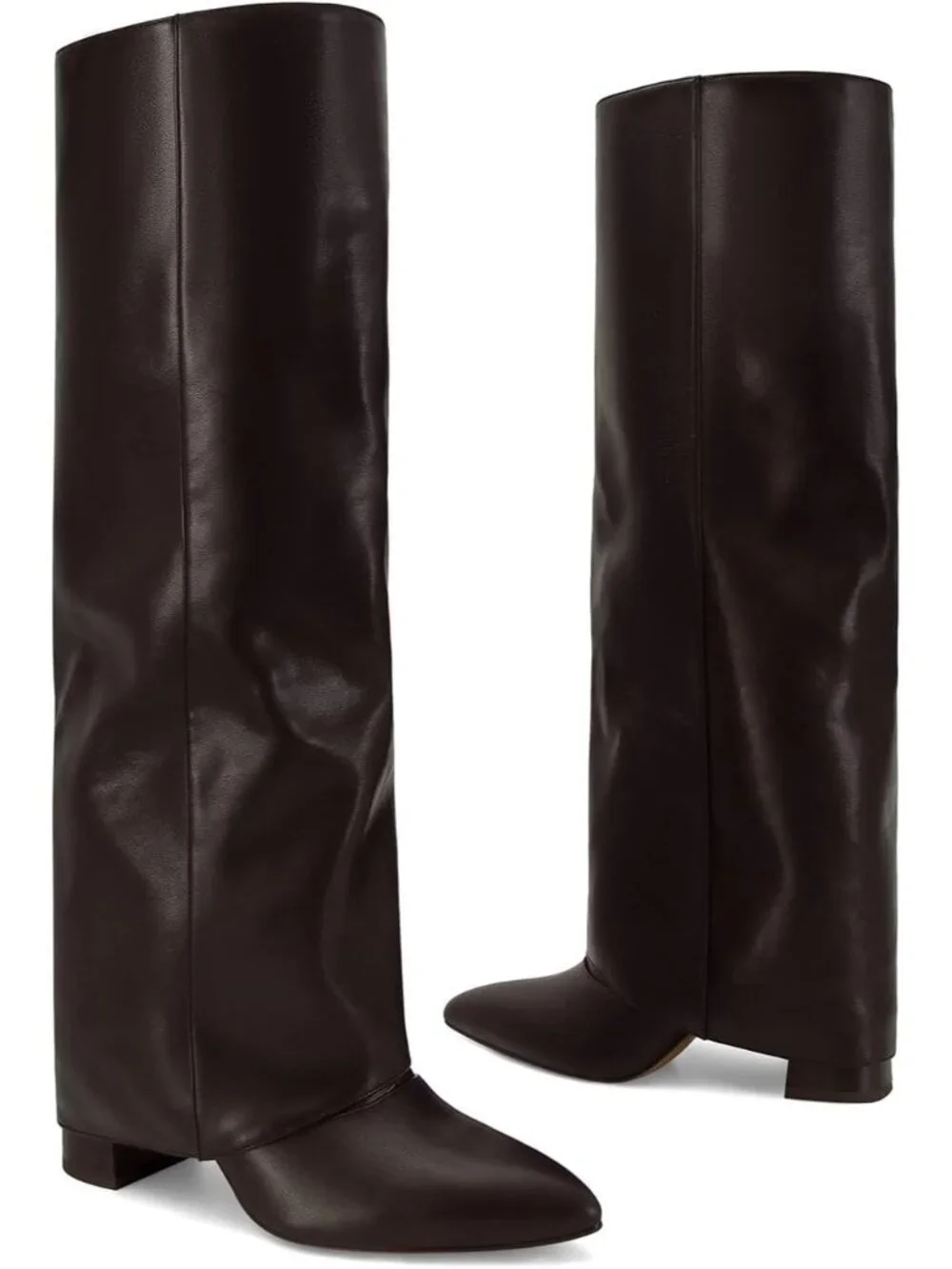 Women's Brown Pointed Toe Faux Leather Chunky Heel Fold Over Knee High Boots